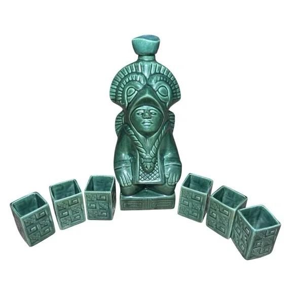 Vtg Kahlua Mayan Aztec Warrior Decanter Green 6 Shot Glass Set MCM Barware Rare - Picture 16 of 16